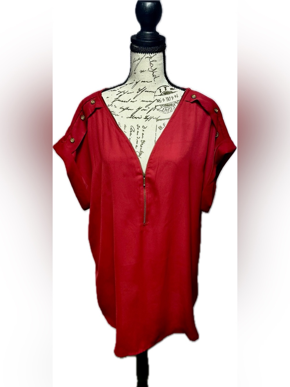 Plus-Size Red Zip Front Short Sleeve Blouse with Shoulder Button Detail - Picture 2 of 5